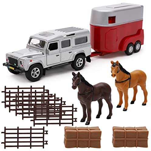 Toyland® Horse Transporter Set - 4x4 Silver Car & Horse Box med tillbehör - Farming Toys - Pressgjuten metall