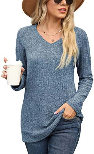 PrinStory Damtröja V-hals enfärgade tröjor långärmade toppar vardaglig tunika mjuk pullover, 004 Ljusblå, M