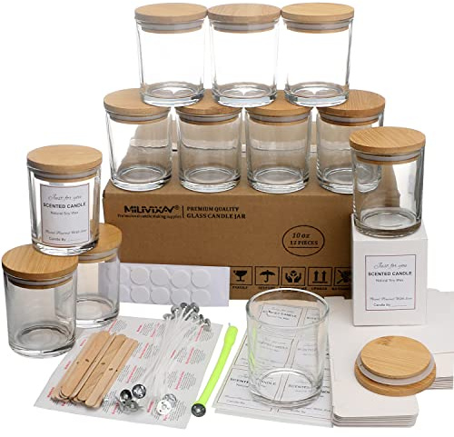 MILIVIXAY - Confezione da 12 barattoli per candele, in vetro trasparente, 295 ml, con coperchio e kit per la creazione di candele, vuoti, contenitori per spezie e polveri