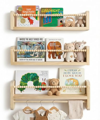 Mazjoaru Nursery Shelves with Solid Pine Wood, 40cm Wide, Set of 3, Floating Shelves for Wall, Nursery Book Shelf, Baby Book Shelf, Kids Shelves for Nursery, Kids Room, Bedroom, Living Room, Wood
