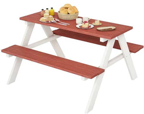 Outsunny Juego de Mesa y 2 Bancos Infantiles de Madera Mesa de Picnic para Niños de 3-8 Años para Jardín Patio Terraza 89x79x50 cm Marrón