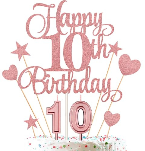 10th Birthday Cake Decorations Set Include 10th Birthday Candles Numeral 10 Cake Candles and Happy 10th Birthday Cake Toppers with Heart Star Cupcake Picks for Birthday Party (Rose Gold Series)