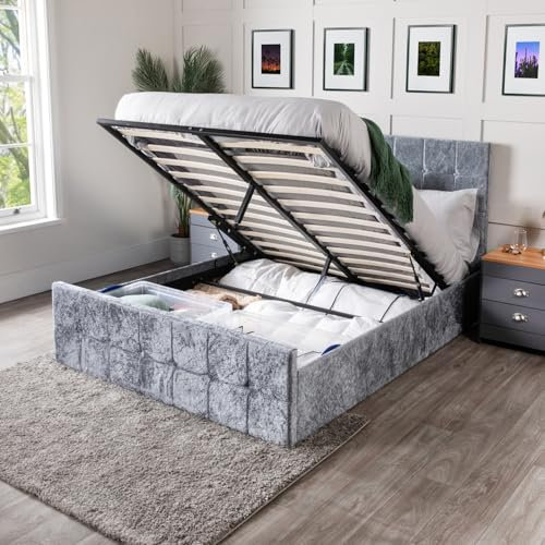 Home Treats Crushed Velvet Ottoman Storage Bed Frame With Gas Lifting Under Bed Storage (No Mattress, Double)