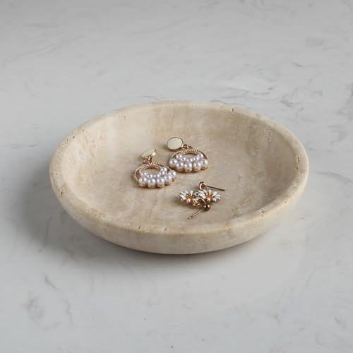 Nawgnail Natural Travertine Marble Jewelry Dish 5.5, Trinket Dish for Ring Earring, Gift for Woman Daugther(Beige Travertine)