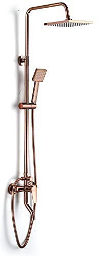 Sistema de ducha de lluvia con grifo, juego de ducha de 20 cm, color oro rosa, montaje en pared, alcachofa de ducha cuadrada con barra ajustable, acero inoxidable