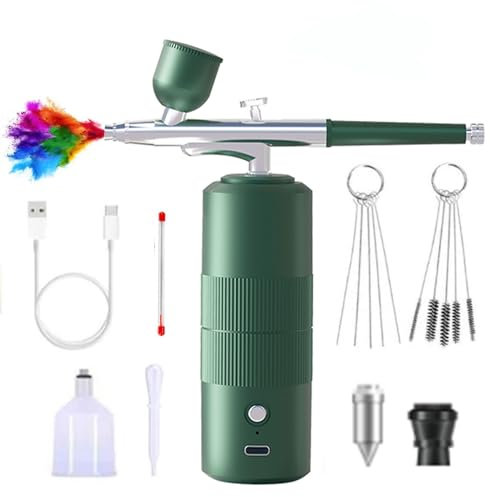XIEANDKONG Airbrush Set, Dual-Action Airbrushpistole mit Kompressor, 36PSI Portable Air Brush Set für Make-up Kunst Handwerk Kuchen Tattoo Modell Dekoration Nageldesign mit 0,3 mm Düse (Green-A05)