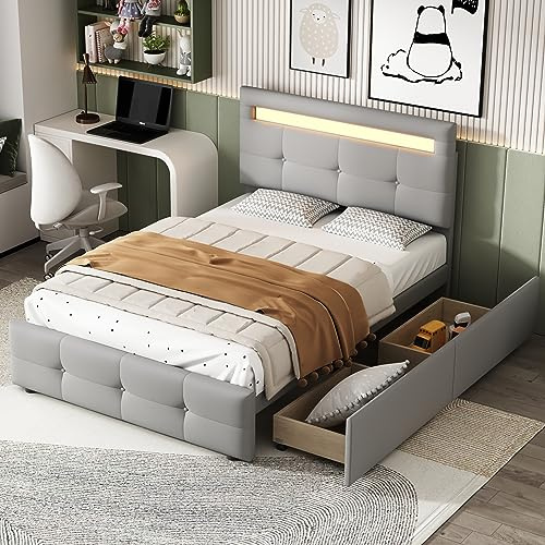 Sängklädselsäng 90 x 200 cm med LED-belysning, 2 lådor, hudvänlig linnestoppning, robust enkelsäng för barn- och ungdomsrum, modern gästsäng i grått, enkel montering