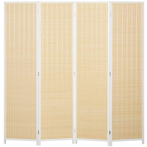 HOMCOM Biombo de 4 Paneles Plegable 180x180 cm Separador de Ambientes Divisor de Habitación Tejido a Mano de Bambú e Hilo de Algodón Decoración Elegante para Salón Blanco