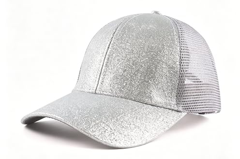 Rockreyoa Berretto da baseball, da baseball per bambini, con glitter, in rete, lucido, con coda di cavallo, regolabile, estivo, da baseball, per attività all'aperto, argento, Taglia unica