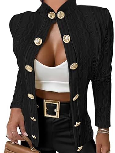 CHICME Women Argyle Cable Cardigan Casual Lightweight Cropped Coat Stand Collar Long Sleeve Metal Button Front Fall Black Jackets-L