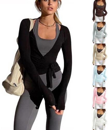 Frauen Y2k Ballett Wrap Top Langarm Tiefer V-Ausschnitt Slim Fit Yoga Pilates Ballet Workout Tops Sexy Schwarzes Blickdichter Wickeloberteil Weiches Bandage Shirt Wickelbluse Dancewear Tanzbekleidung