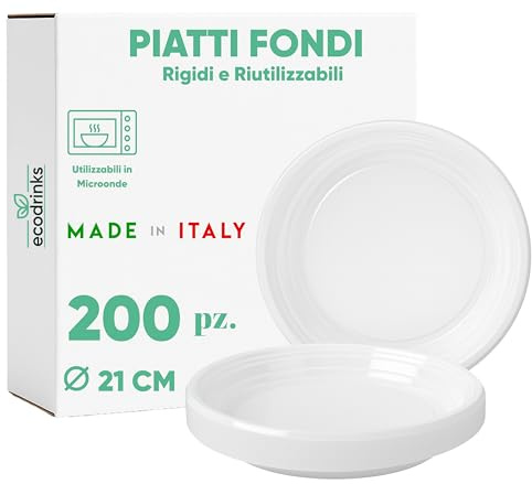ecodrinks - 200 Piatti Fondi Bianchi da Ø21cm - RIUTILIZZABILI - Base Antiscivolo, Robusti e Lavabili - Ideali per Sagre, Feste, Eventi - Scelta Ecologica e Sostenibile