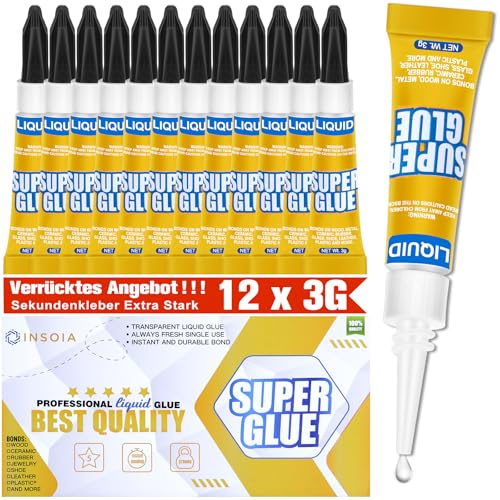 Sekundenkleber Flüssig (12er-Pack x 3g) – extra stark & wasserfest Superkleber für schnelle, flexible Sofortreparaturen, transparent kontakt Kleber für Kunststoff, Holz, Porzellan, Glas uvm.