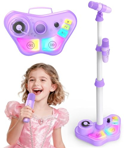 Dislocati Microfono Karaoke per Bambini con Supporto, 2 Microfoni Wireless, Luci Colorate, Regalo Natale per Bambini 3 4 5 6 7 8 Anni, Altezza Regolabile 47-108 cm, Bluetooth, USB, AUX, TF Card