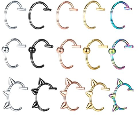 XFSRG 15 Piezas Anillo de Labios Pendiente Anillo de Nariz Acero Inoxidable Piercing Labio Inferior Perforación del Labio Piercings Falsos Mujeres Hombres