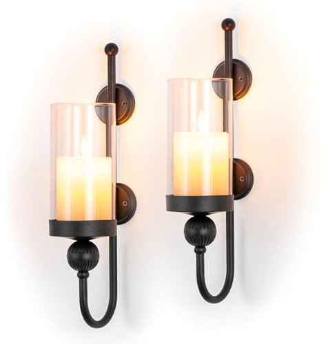 Sziqiqi Photophore Bougeoir Mural Noir: Appliques Métalliques pour Piliers Set de 2 avec Verres Antivents - Porte-Bougies Modernes Murals comme Art Mural pour Salon Salle de Bain Chambre Cheminée