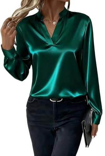 Onsoyours Camicia da Donna in Raso di Seta Camicetta Elegante Scollo a V Camicia a Maniche Lunghe Tinta Unita Classico Tops A Verde XXL