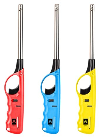 LUXTROUS 3 x Refillable Gas Lighters Long Reach BBQ & Kitchen Lighters, Assorted Colours for Candles, Fireplaces & Camping