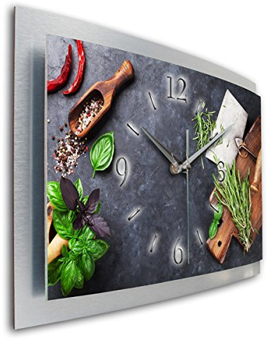3D Designer-Wanduhr Kräuter Küche in modernem Metallic-Design; leise Funkuhr mit Motiv wahlweise in Zwei Größen (Kräuter, 50x30cm; leises Funkuhrwerk)