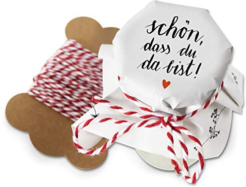 25 MINI Marmeladendeckchen - schön, dass du da bist - Blumen Gläserdeckchen Weiß für Marmelade, kleine Marmeladengläser & Einmachgläser, Recyclingpapier Abreißblock + 10 m Garn + Justiergummi