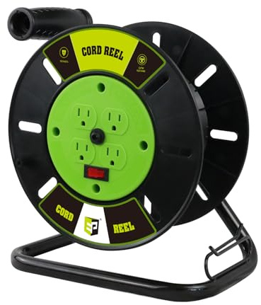 EP Extension Cord Storage Reel with 4-Grounded Outlets, Heavy Duty Open Cord Reel for 12/3 14/3 16/3 Power Cords, Portable Empty Hand Crank Electric Cord Roller Holder, Green
