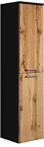 Badplaats B.V. Armoire de Rangement de Saturnus Hauteur 130cm Noir Mat avec Chene - Meuble de Rangement Haut Placard Armoire Colonne