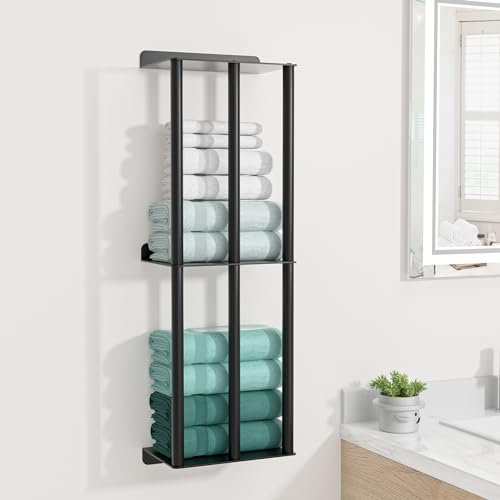 susswiff Towel Racks for Bathroom: 26 Inch Wall Mounted Towel Holder, Upgrade 2-Tier Towel Rack with 3-Vertical-Bars and 3-Steel-Shelves, for Modern Decor Bathroom Towel Storage (Matte Black)