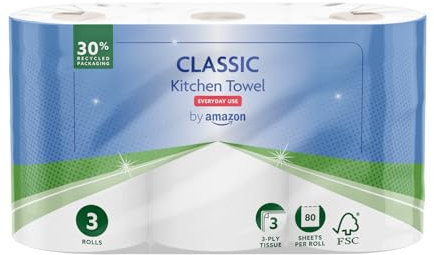 by Amazon Classic Kitchen Roll, 3-ply, Strong and Absorbent, 3 Rolls (1 Pack of 3), 80 Sheets per Roll, FSC Certified