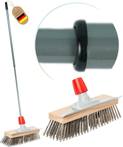 Novaliv Robuster Drahtbesen mit Stiel - Stahlbesen mit Teleskopstiel, Effiziente Moosentfernung, Drahtbürste, für Pflastersteine & Garten, Stahldrahtbesen, Mooskratzer, Pizzabesen, Pizzastein Bürste