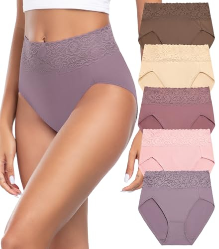 Wealurre Culotte Femme Taille Haute Coton Doux Slip pour Femmes Dentelle Élastique sous-Vêtements Lot de 5, Rose Violet., L