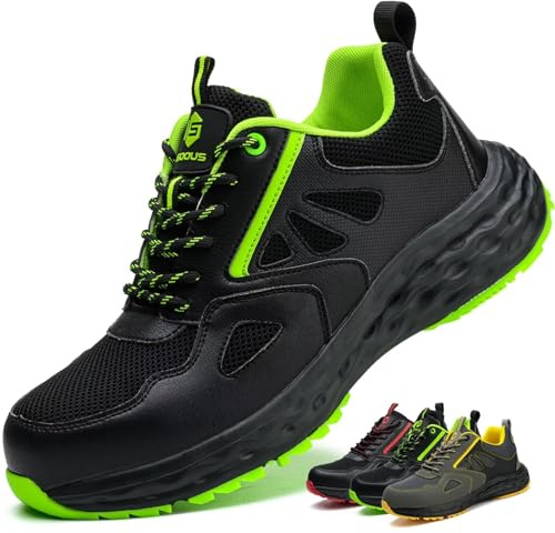 Zapatos de Seguridad para Hombre Mujer Zapatillas Trabajo Puntera de Plástico Ligero Calzado de Seguridad Comodo Transpirables Negro Verde EU 43