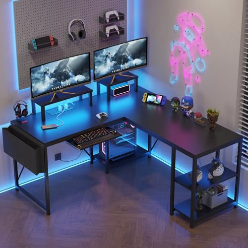 Flamaker Gaming Tisch l Form 140x140 cm - Eckschreibtisch mit RGB LED, Monitorständer & Ablagefach | 2 Steckdosen + 2 USB-Anschlüsse (Kohlefaser Schwarz)
