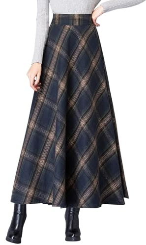 Womens Vintage Classic Plaid A-line Maxi Skirts Fall Winter Swing Pleated Flared Skirt High Elastic Waist Retro Skirt with Pockets Dark Blue