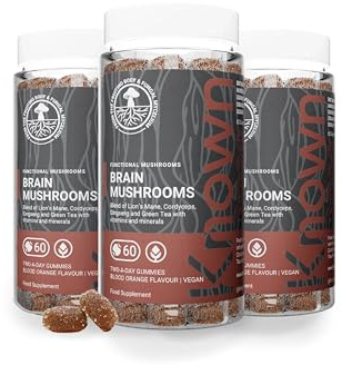 Known Tasty Brain Mushrooms Gummies - Lion's Mane, Cordyceps, B Vitamins for Energy - Natural Orange Flavour - 60 Vegan Gummies, 3 Month Supply