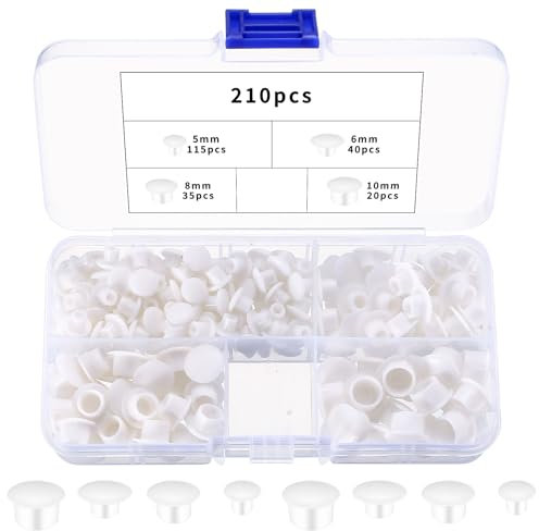 210 Pcs Drill Hole Cover Caps, Plastic Hole Plugs, Round Button Plugs Screw Hole Caps Covers, White Drilling Cover Plugs for Furniture Kitchen Cabinet Cupboard Shelves Wardrobe Bookcase