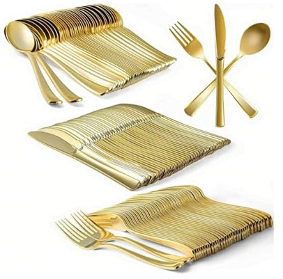 180Pcs Gold Plastic Cutlery Set,Washable and Reusable Heavy Duty Tableware,60 Knives 60 Forks and 60 Spoons Perfect for Birthday Parties and Weddings