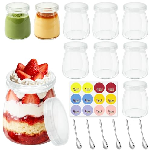 Mssushi 10Pack 200ml Glass Yogurt Pots, 6oz Pudding Pots with Spoons, Small Glass Jars with Lids for Yogurt Making, Milk, Jams, Pudding, Mousse, Overnight Oats＆Spice Storage