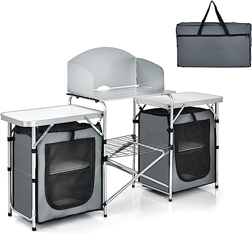 CYANGBO Camping Table, Folding Camping Table with Windshield and Carrying Bag, Outdoor Garden Kitchen Mesh-Door Storage Cabinet Shelves, Stove Burner Gas Organizer BBQ Picnic Table(Gray)