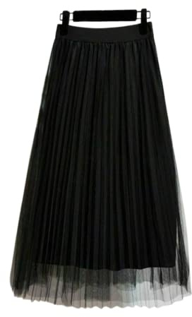 Women's Tulle Skirt Midi A-Line Pleated Maxi Swing Skirt Elegant Elastic Waist Tutu Flowy Skirts for Prom Homecoming Birthday Party (UK, Alpha, M, L, Regular, Regular, Black)