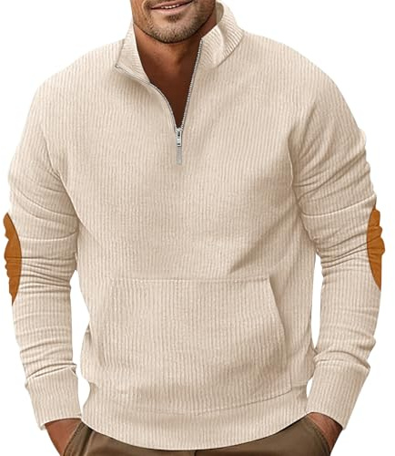 PRIVIMIX Sweat Homme Col Zippé Pull sans Capuche Sweatshirt Velours Côtelé avec Poche Kangourou, Beige, L