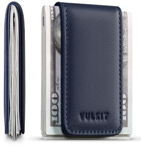 VULKIT Slim Magnetic Money Clip Nappa Genuine Leather Credit Business Card Holder Bills Holder, Strong Magnet Holds 15 x Folded Bank Notes