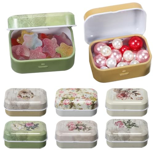 NOLITOY Vintage Metal Storage Box 8 Piece Floral Tin Case with Lid Small Decorative Keepsake Organizer for Earring Ring Craft Bead Jewelry Candy Retro Iron Container 2.36 Inch