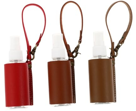 WEKADRIN Spray Bottle Keychain 3 Sets Portable Essential Oil Bottle Holder with Leather Case Brown Red Khaki for Travel Storage and Perfume Carry