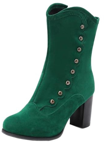 CHICMARK Stivaletti da donna | effetto velluto con borchie | tacco a blocco 7,5 cm | stile retrò, verde, 41 EU