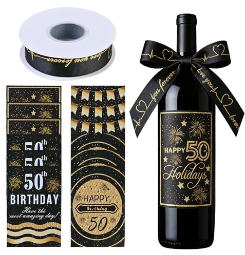 Etichetta Della Bottiglia Del 50 Compleanno, Etichette Uniche Per Bottiglie di Vino (12 Adesivi), Contiene Nastro In Oro Nero, Decorazioni Per La Festa Del 50 Compleanno