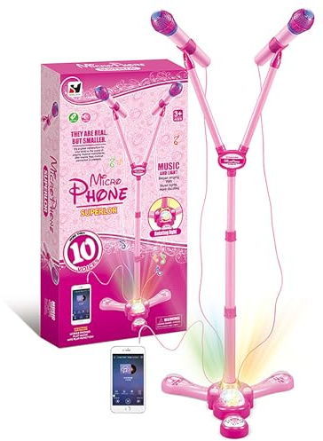 Machine de karaoké pour enfants avec support réglable – Ensemble de chant double microphone, lumières clignotantes et balle rotative, jouet musical pour enfants à partir de 3 ans