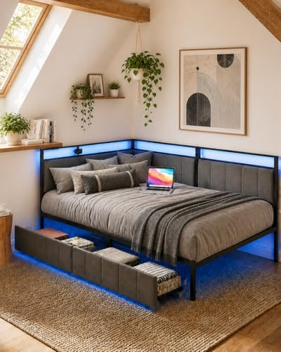 Xinyvee Letto per ragazzi 90 x 200 cm, divano letto con vano portaoggetti, letto imbottito con testiera imbottita, struttura del letto in metallo, nero/grigio chiaro, velluto