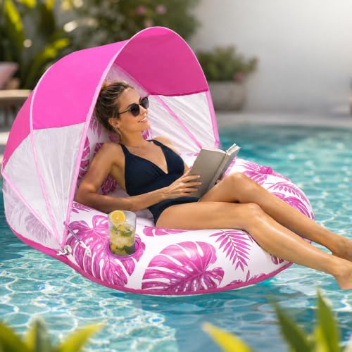 Colchoneta Piscina, Shyllin Piscina Hinchable Adultos con Parasol(Rosa) | Hinchables, Flotadores, para Leer en Verano y para Fiestas Acuáticas