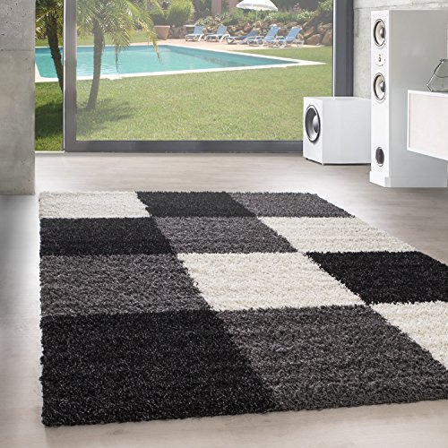 SIMPEX Teppich Wohnzimmer Shaggy Moderne Kariert Design Schwarz 80 x 250 cm Läufer Flur - Hochflor Teppich Schlafzimmer Extra Weich und Pflegeleicht - Flauschiger Teppich Langflor für Küche Rug Halı