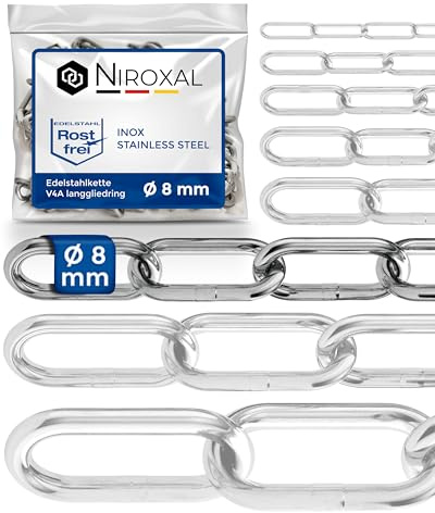 Rostfri Kedja A4 Långlänkad DIN 763 / DIN 5685 – 8 mm x 0,5m – 1 st – För tunga upphängningar och krävande användning